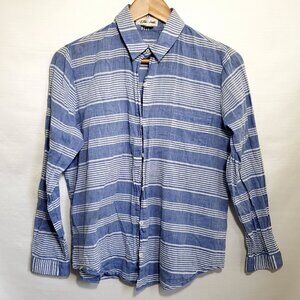 ANTHROPOLOGIE Semi Sheer Button Up Womens Blue Striped Shirt Vtg. inspired Small